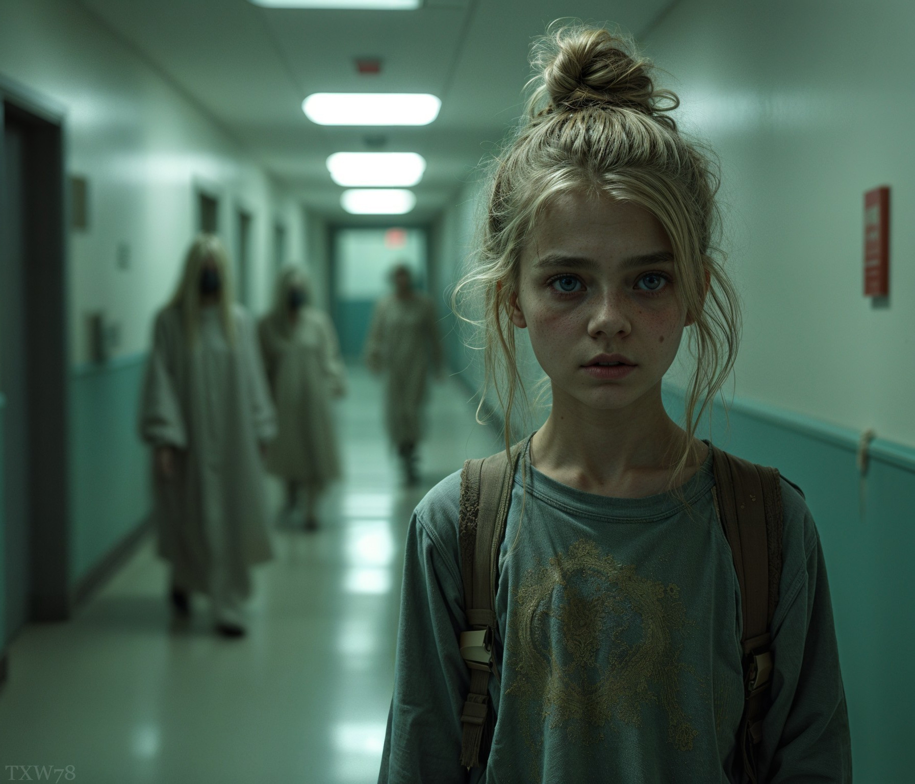 Young girl in hospital corridor with shadowy figures