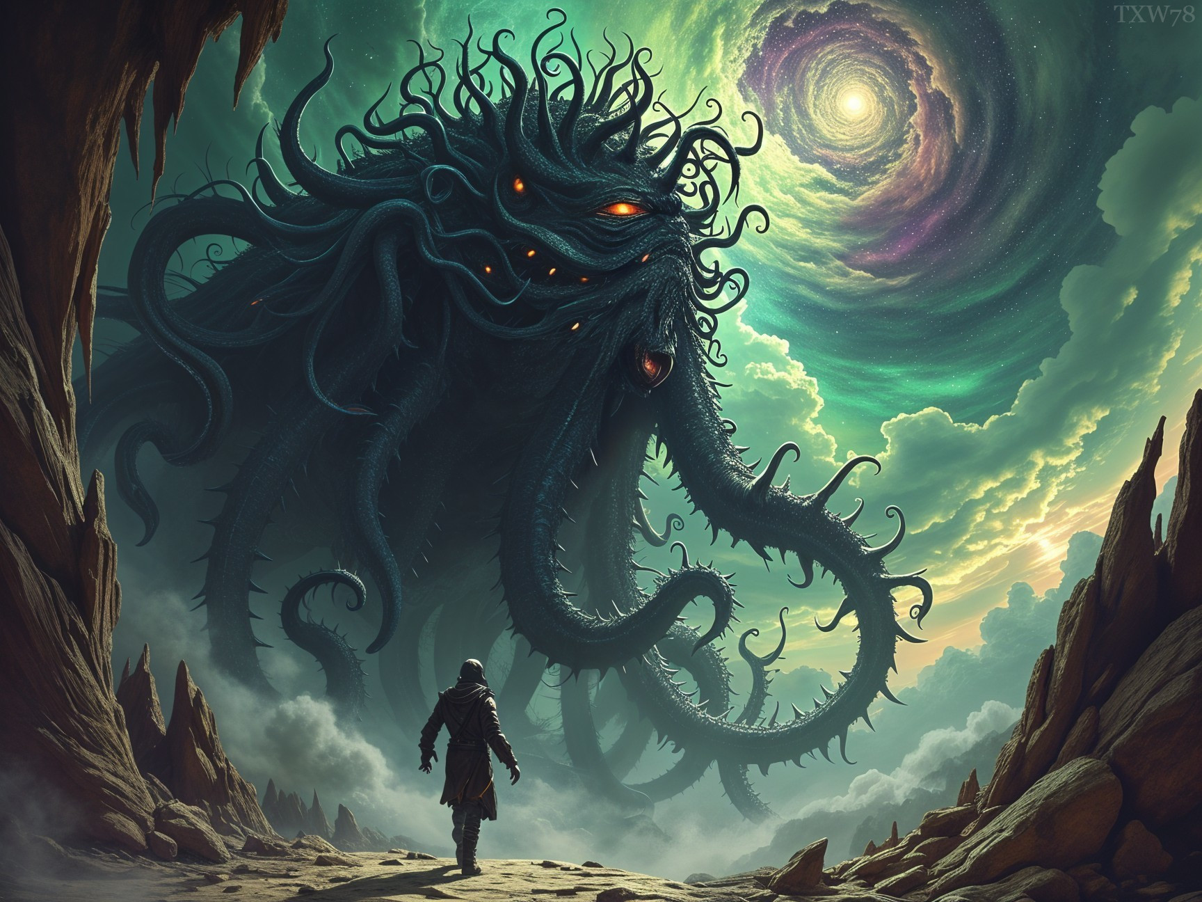 Surreal Landscape with Mythical Creature and Cosmic Vortex