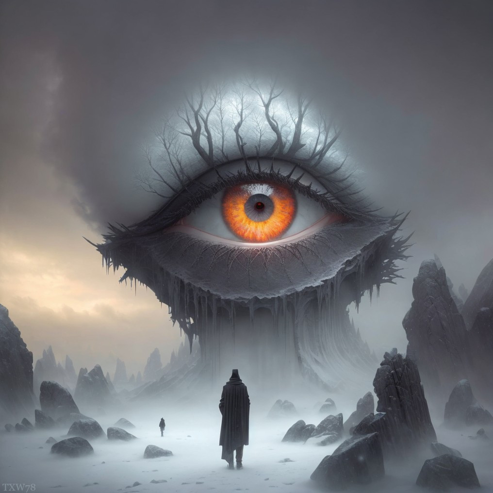 Surreal Landscape with Giant Eye and Lone Figure