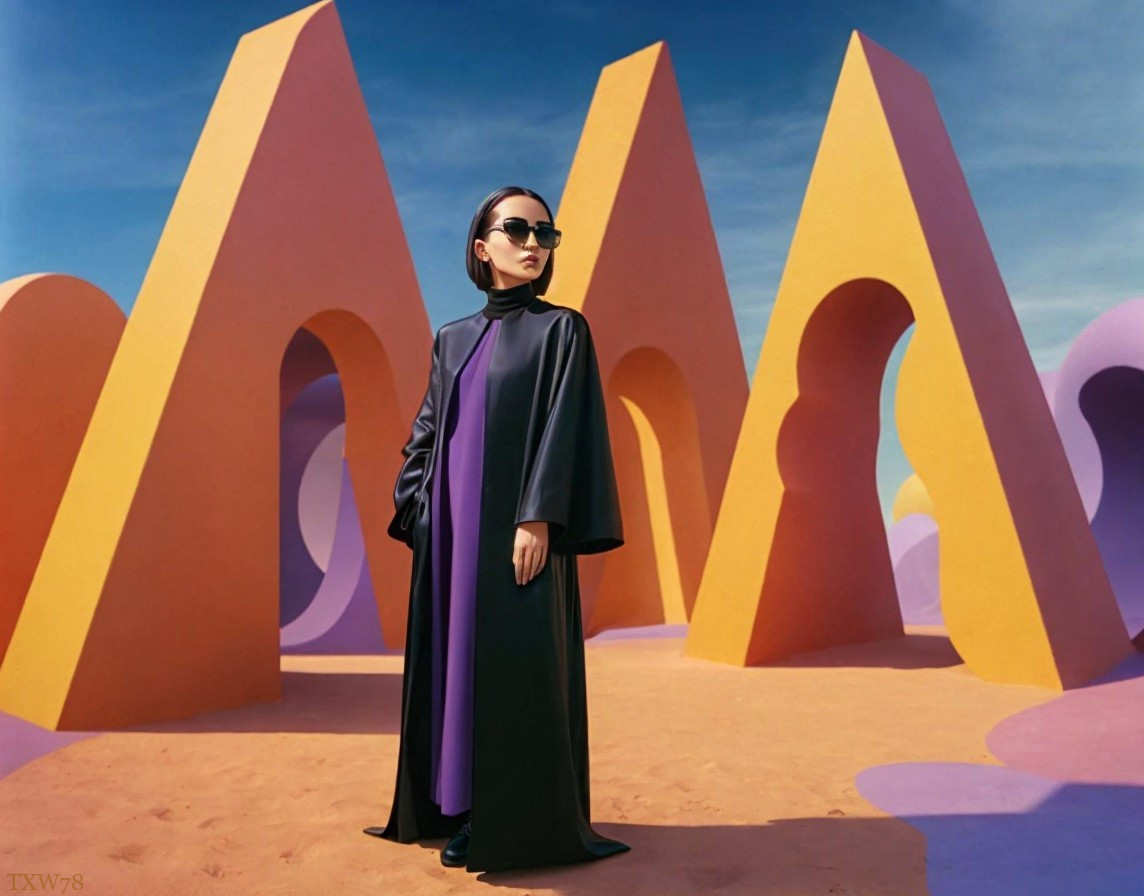 Stylish Figure in Surreal Landscape with Archways