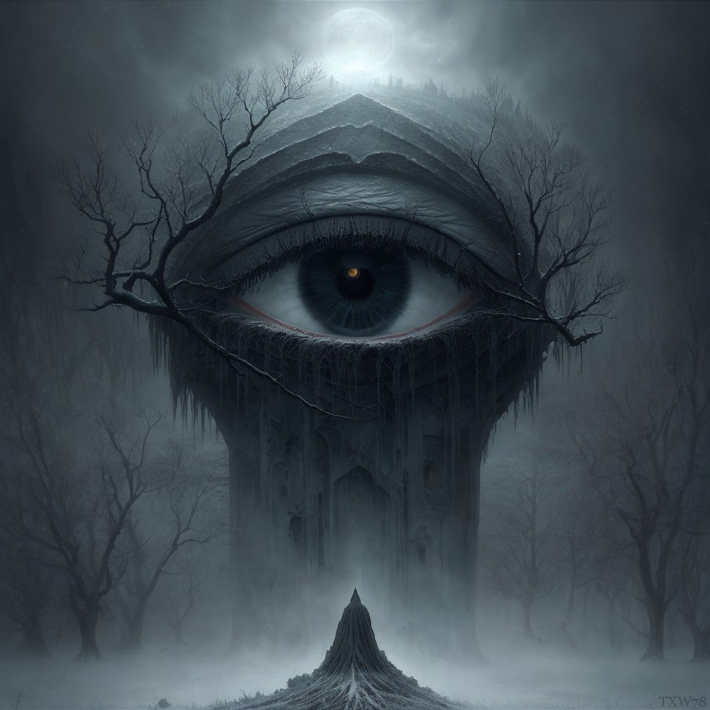Surreal Eye in Dark Forest with Full Moon and Mist