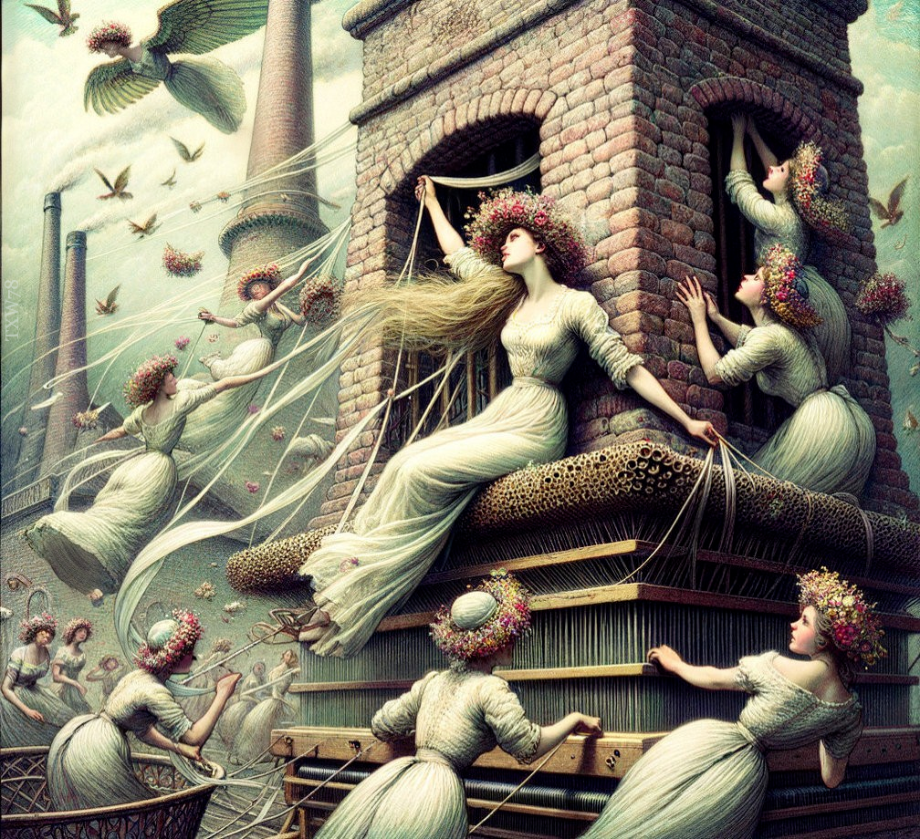 Surreal Artwork of Women in Flowing Dresses and Looms