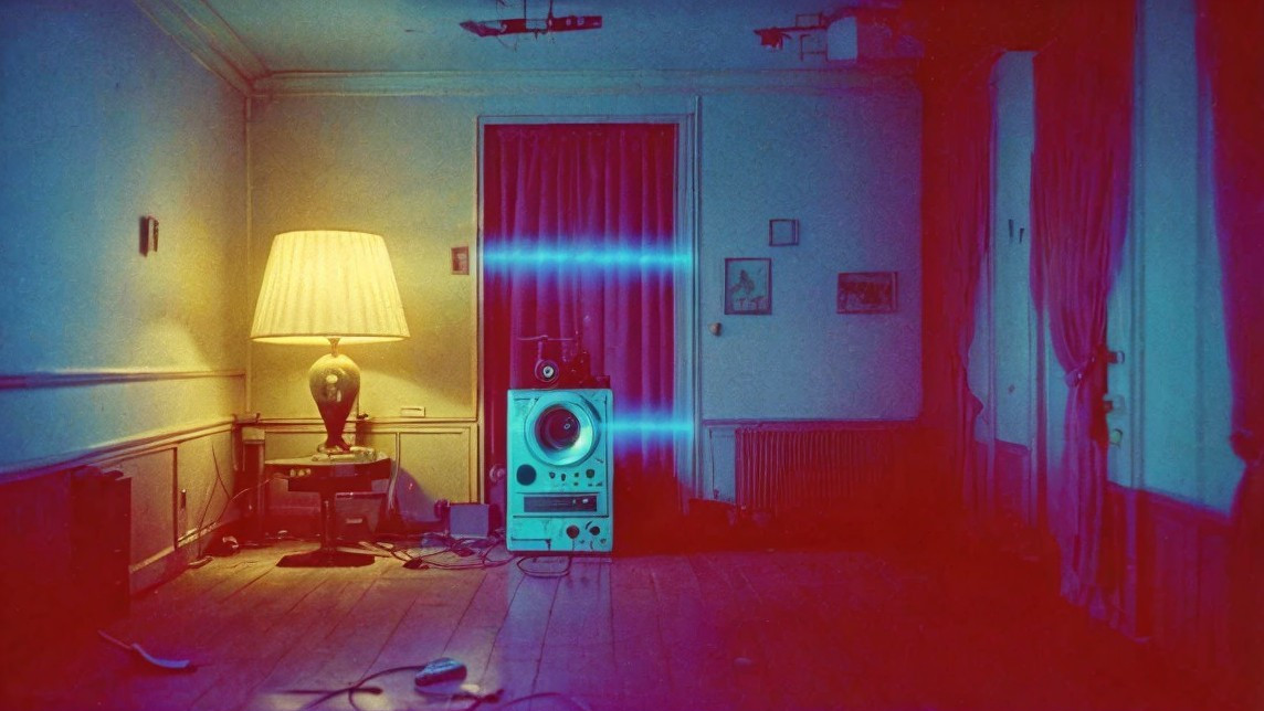 Vintage-themed dimly lit room with lamp, globe, speaker, and ethereal blue light streak