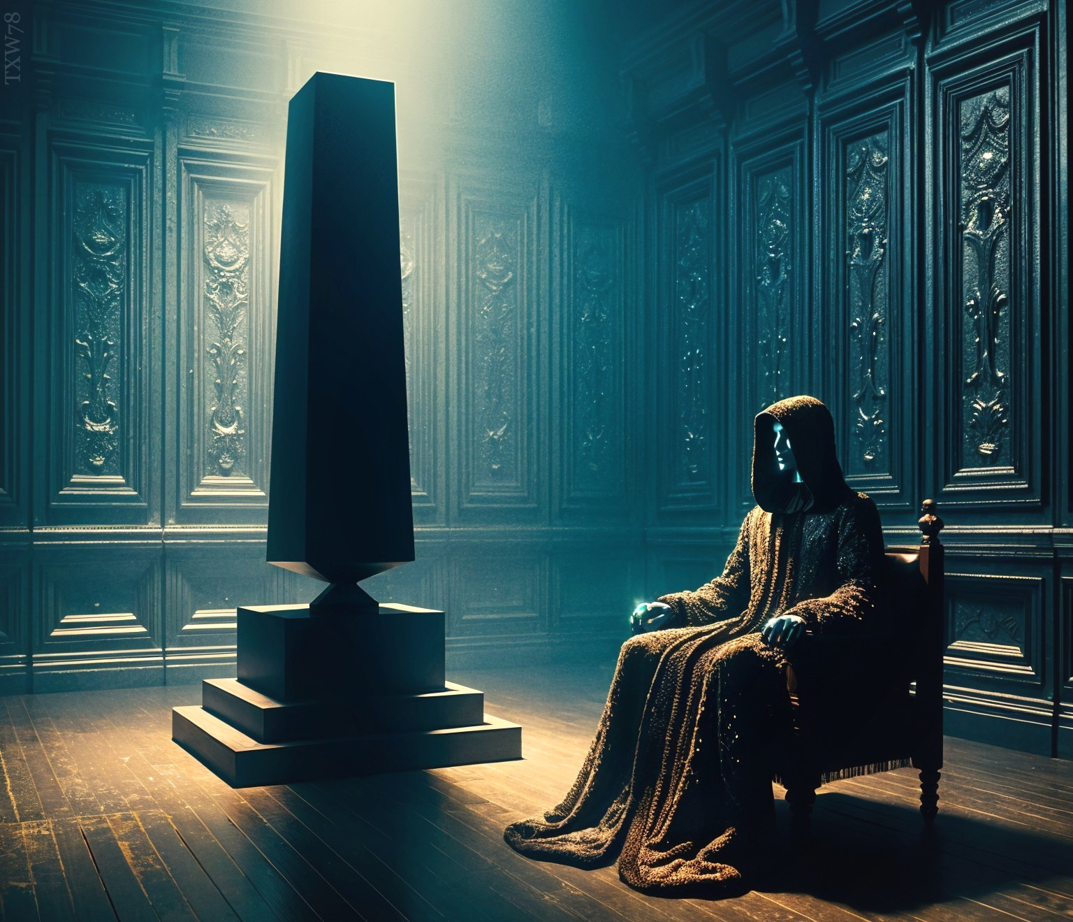 Cloaked Figure in Ornate Room with Dark Obelisk