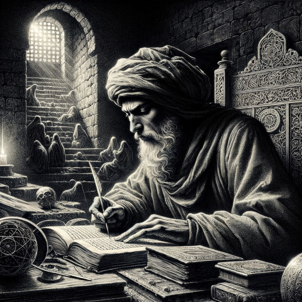 Ancient scholar writing in dimly-lit stone chamber surrounded by scrolls and skulls