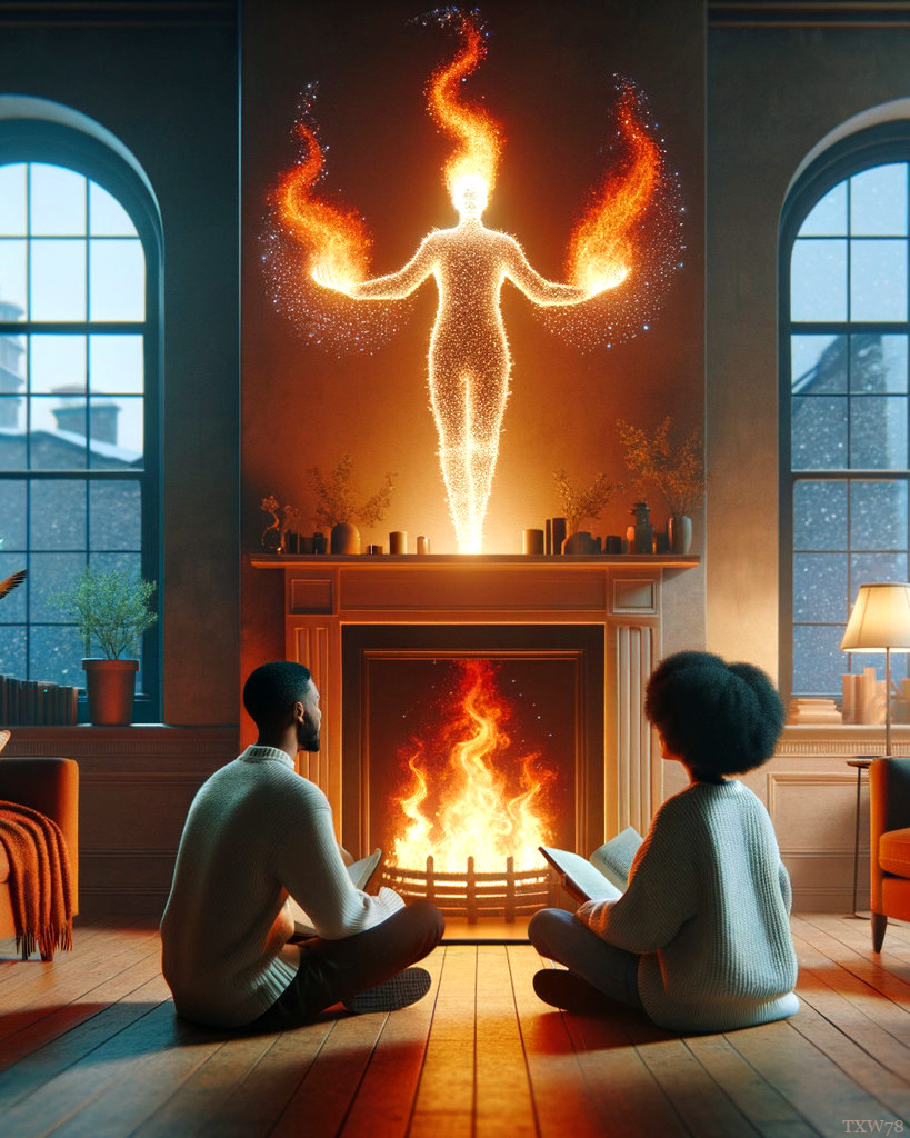 Individuals Watching Fiery Figure by Fireplace