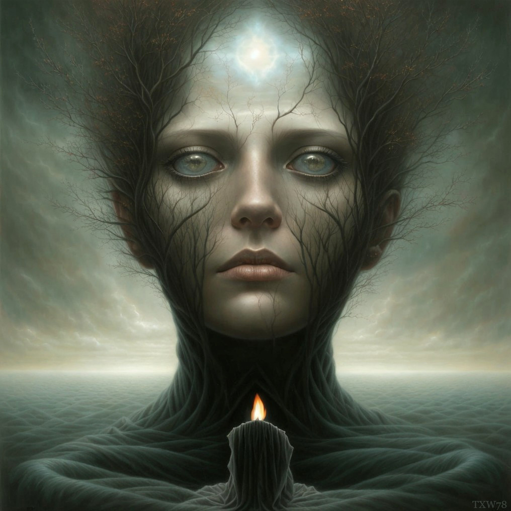 Haunting Figure with Nature Elements and Candlelight