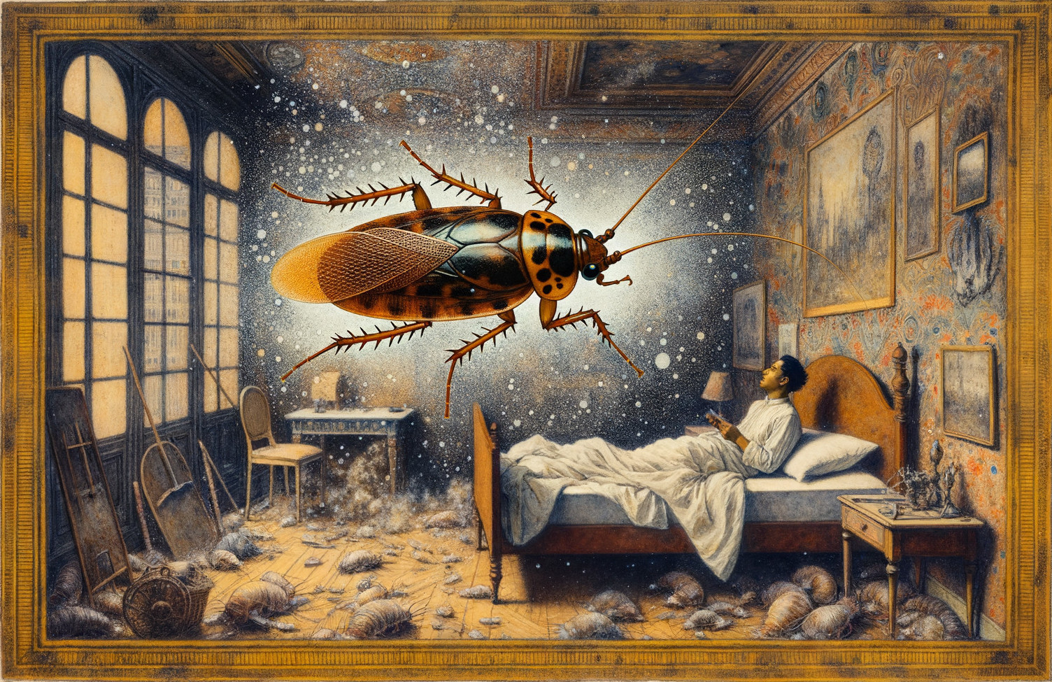 Surreal Scene of Man and Giant Cockroach in Bedroom