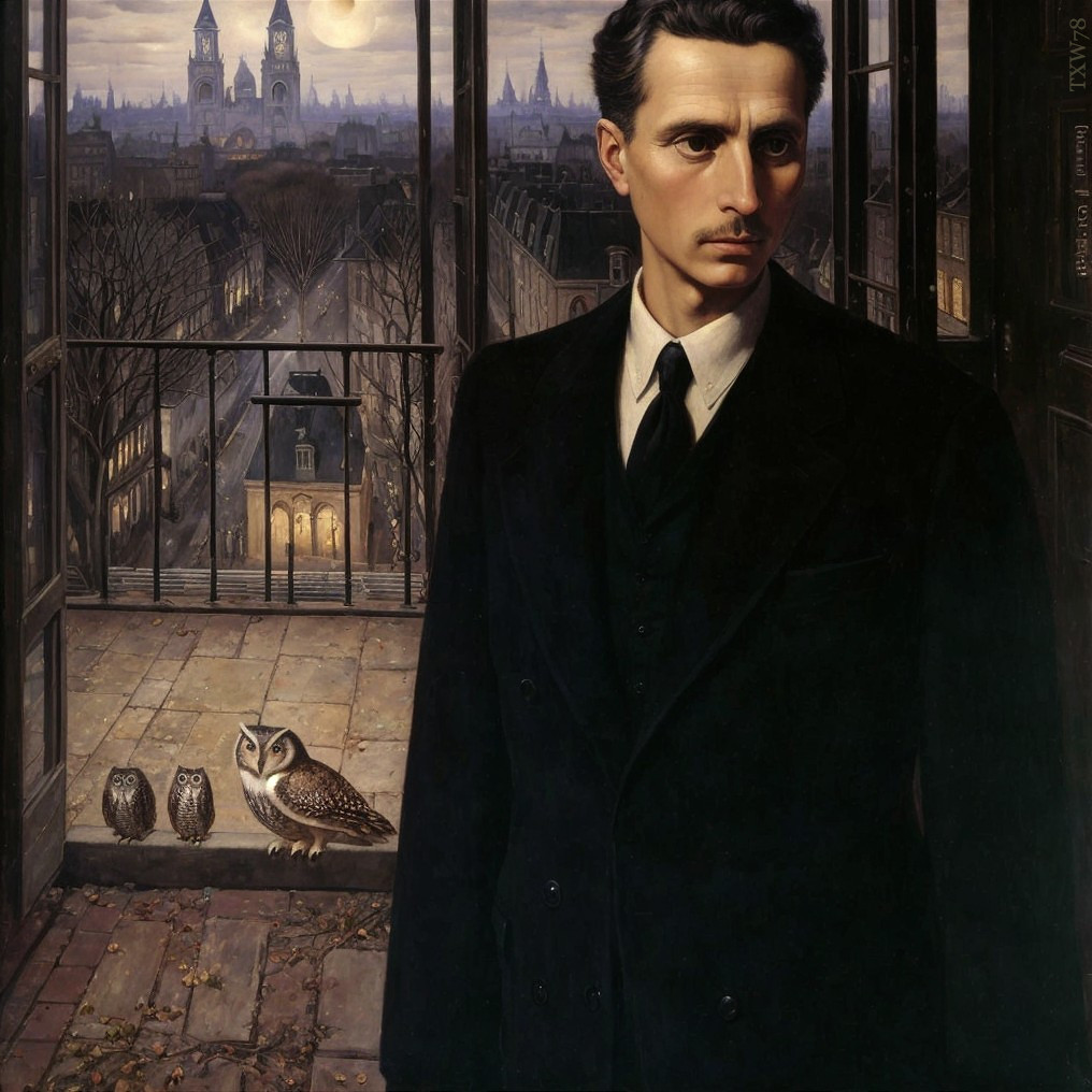 Man in black coat with evening cityscape and owls in background
