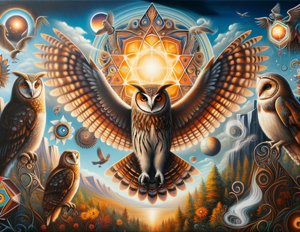 Colorful painting of multiple flying owls with intricate patterns and cosmic backdrop