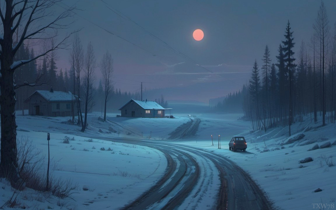 Tranquil Winter Landscape with Moonlit Road and Trees
