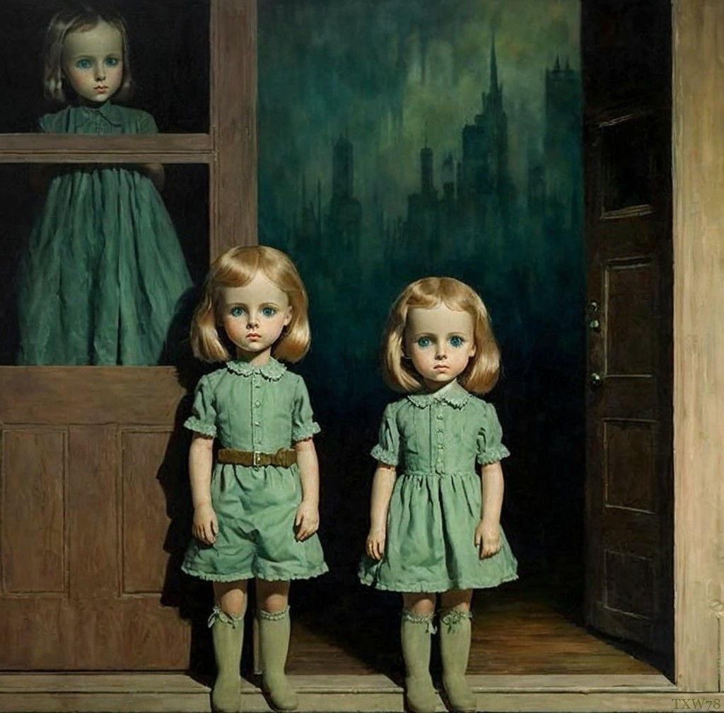 Eerie Dolls in Green Outfits in Unsettling Doorway