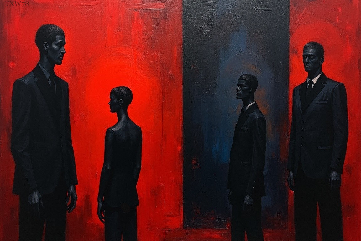 Figures in Suits Against Red Background in Artwork