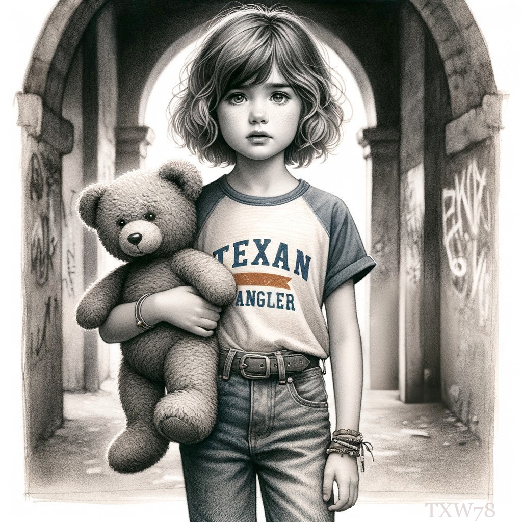 Young girl with teddy bear in dimly lit archway