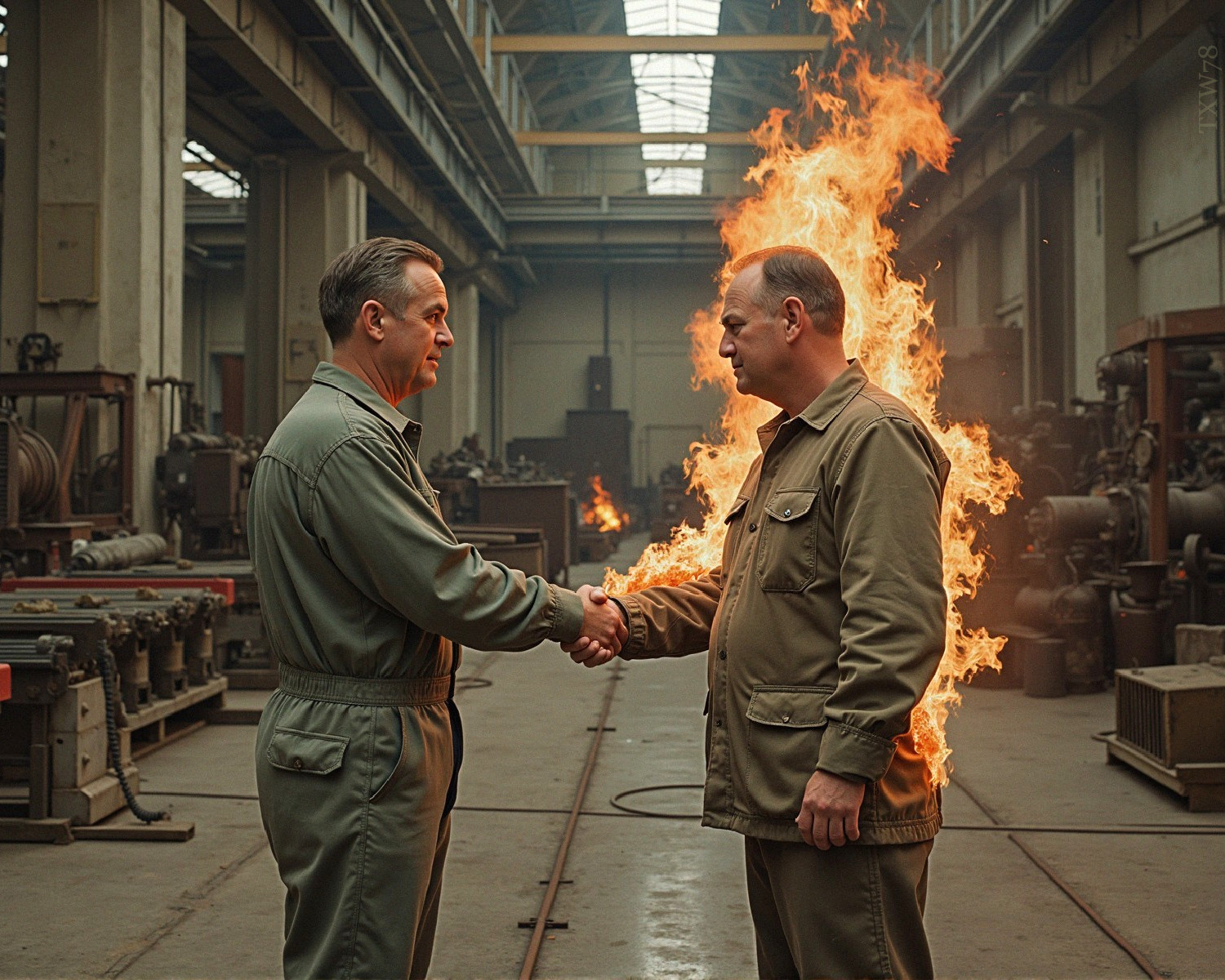 Men in Uniforms Shake Hands in Industrial Setting