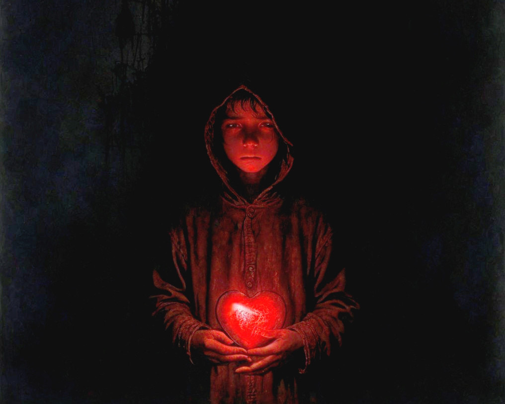 Mysterious Figure in Darkness Holding Glowing Heart