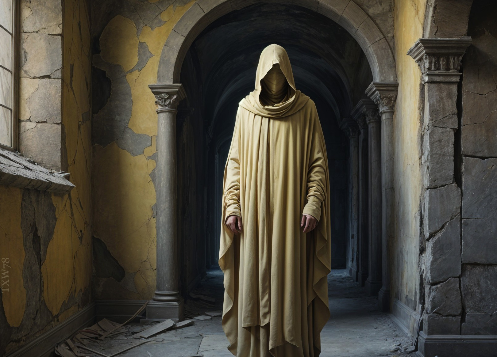 Mysterious Figure in Crumbling Yellow Corridor