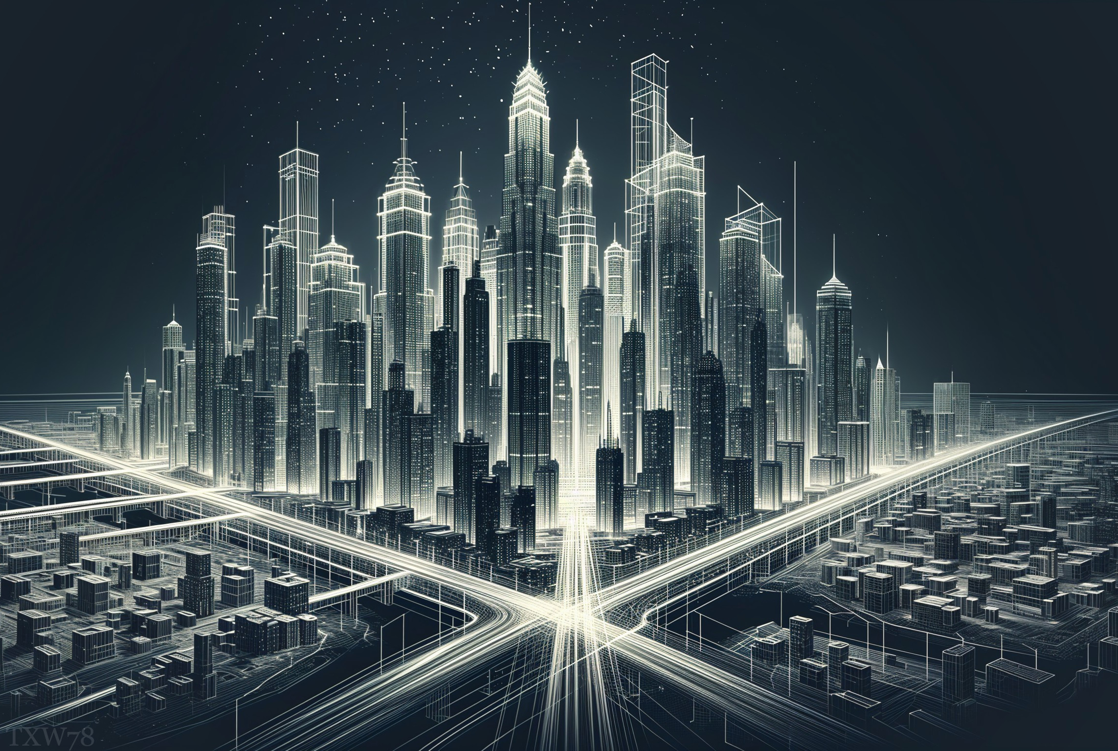 Futuristic Cityscape with Illuminated Skyscrapers
