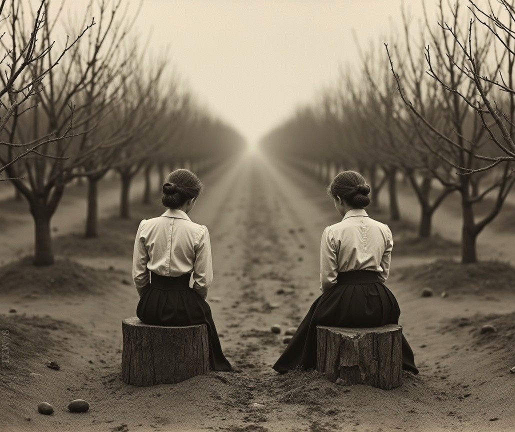 Sepia-Toned Landscape with Women in Vintage Attire