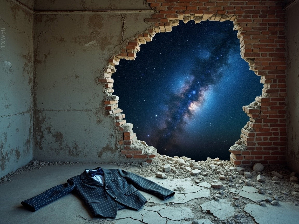 Dilapidated Room with Cosmic View and Suit Arrangement