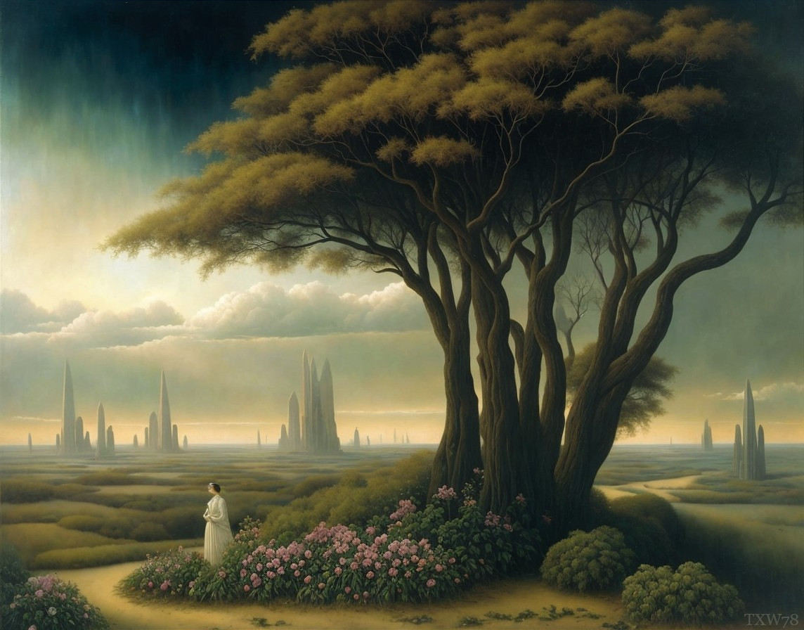 Solitary figure under large tree in surreal landscape