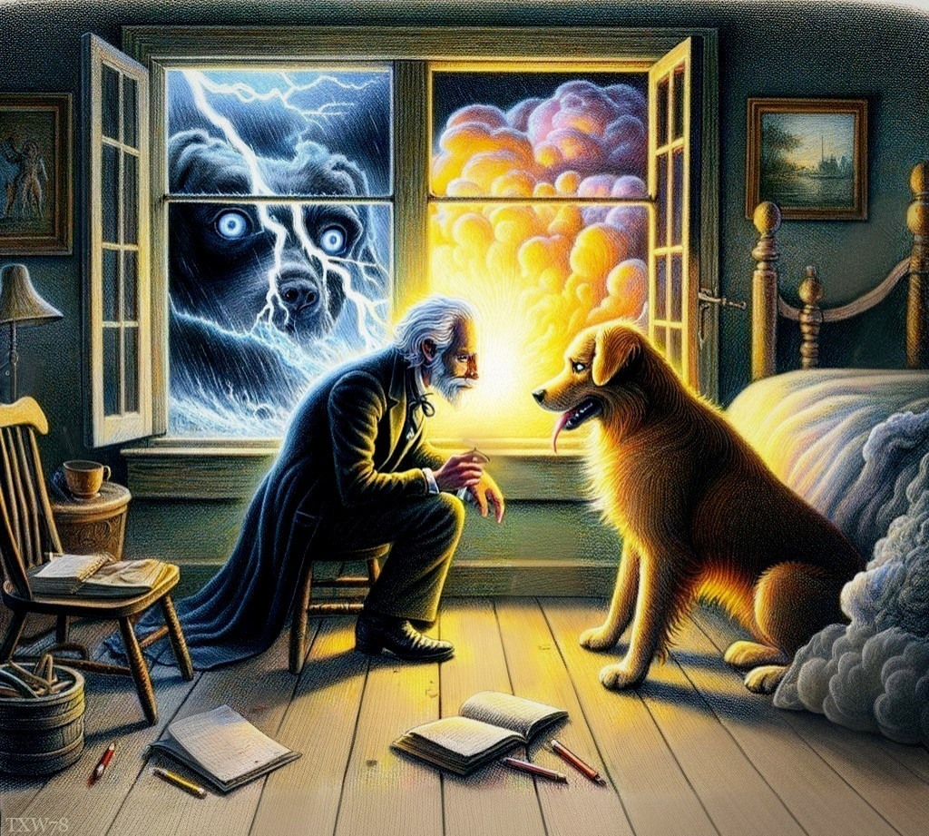 Elderly Man and Golden Retriever in Dim Room During Storm