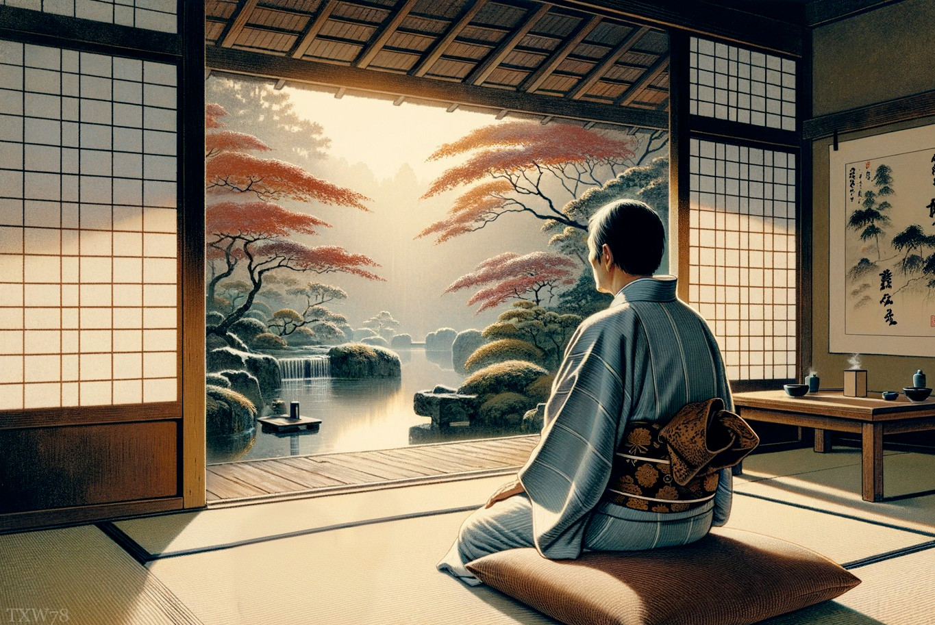 Traditional Attire in a Japanese Tatami Room Scene