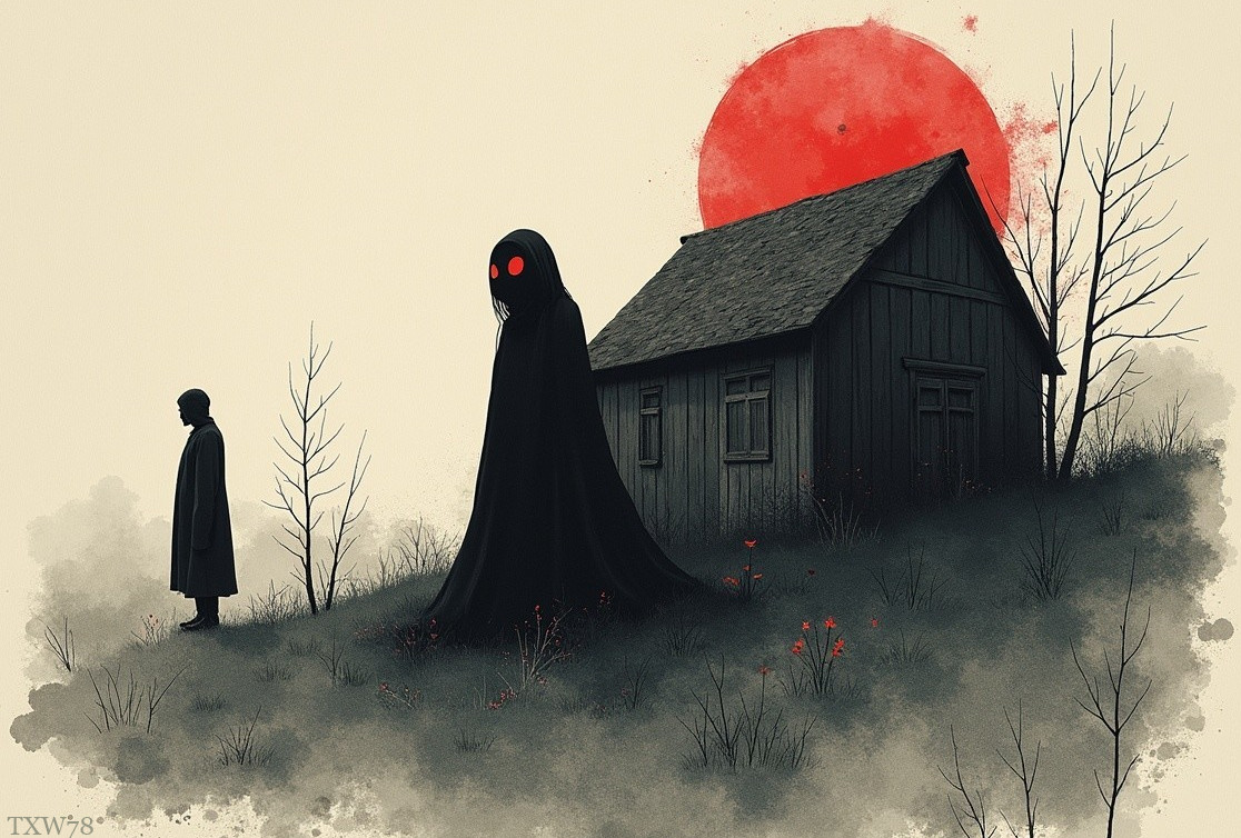 Dark Figure with Red Eyes in Eerie Landscape Scene