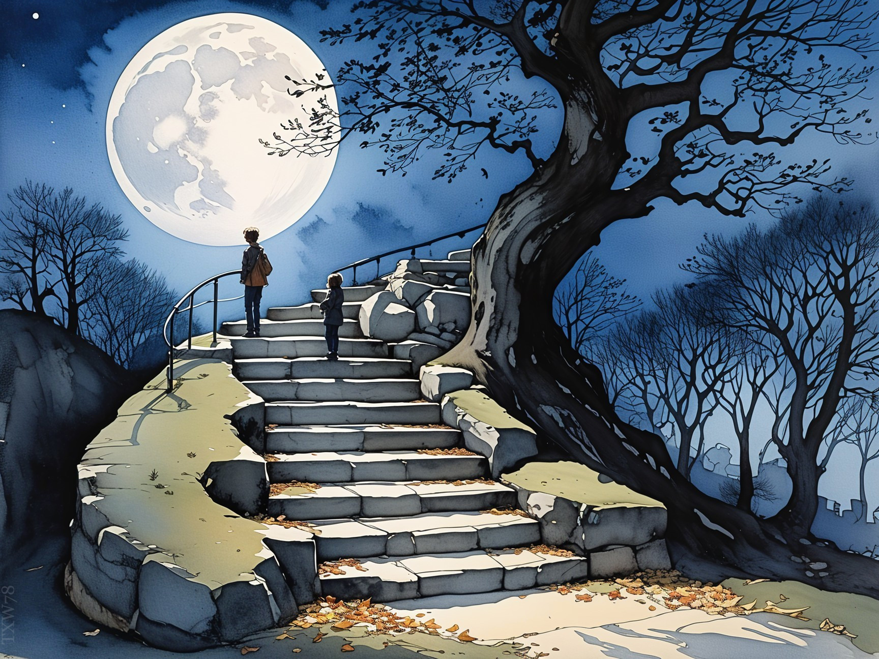 Nighttime Scene with Figures and Glowing Moon