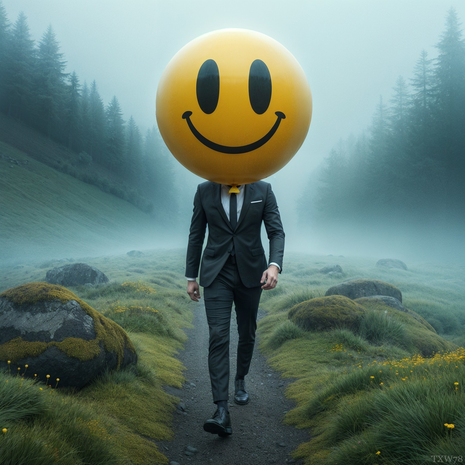 Formal figure with smiley balloon in misty landscape