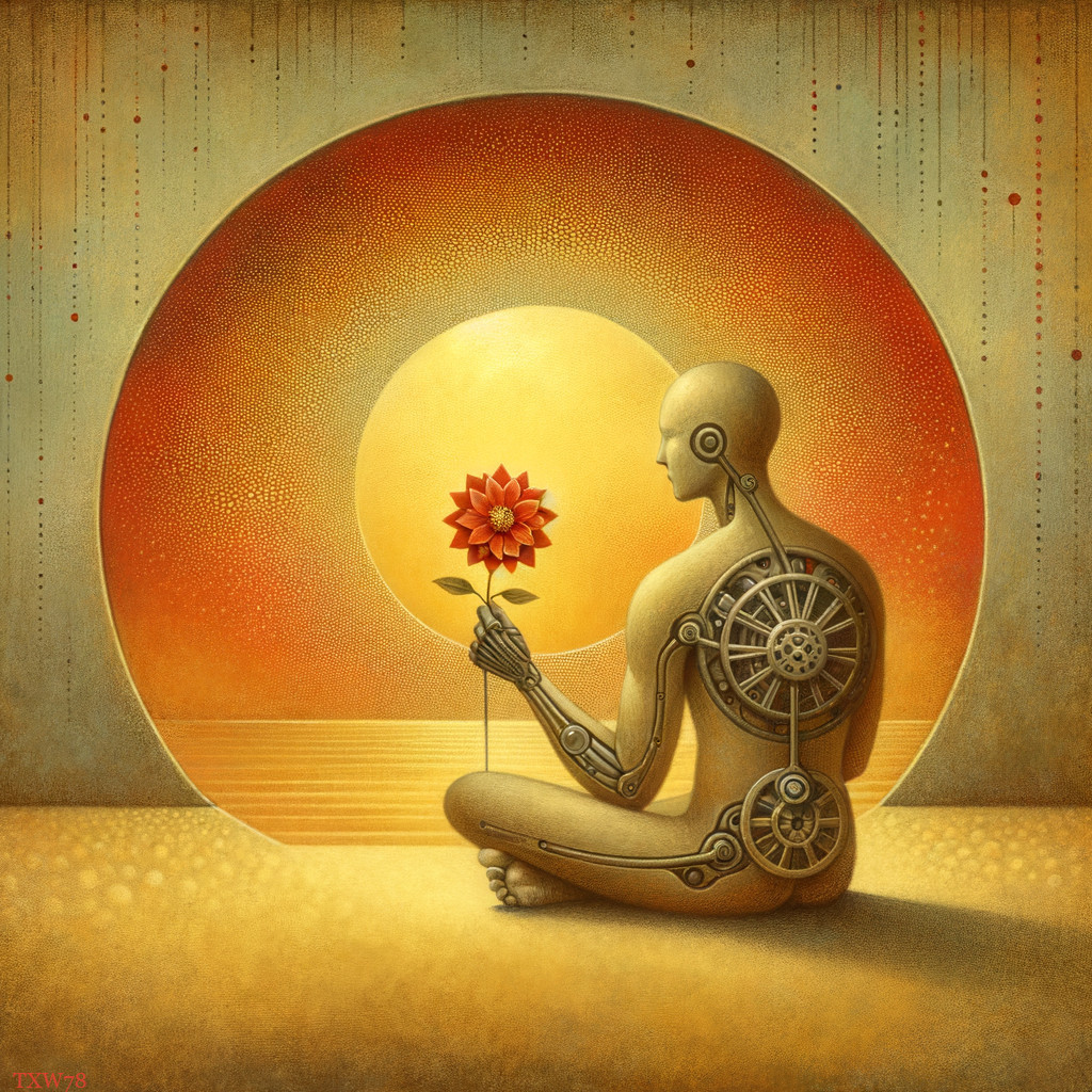 Humanoid Figure with Mechanical Features at Sunset