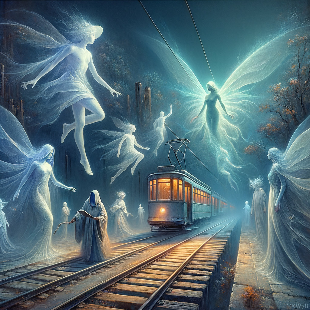 Ethereal Ghostly Figures Around Moonlit Tram in Forest