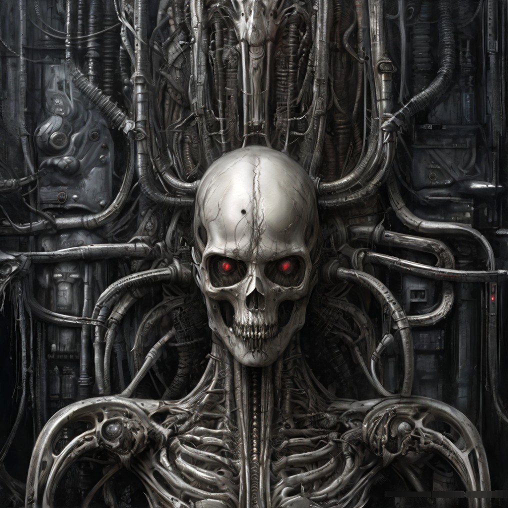 Red-eyed cybernetic skull amidst intricate mechanical backdrop