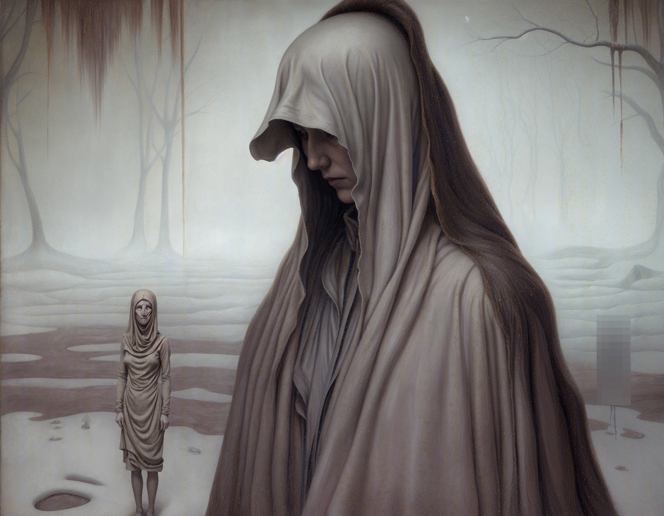 Figures in a Misty Landscape with Somber Atmosphere