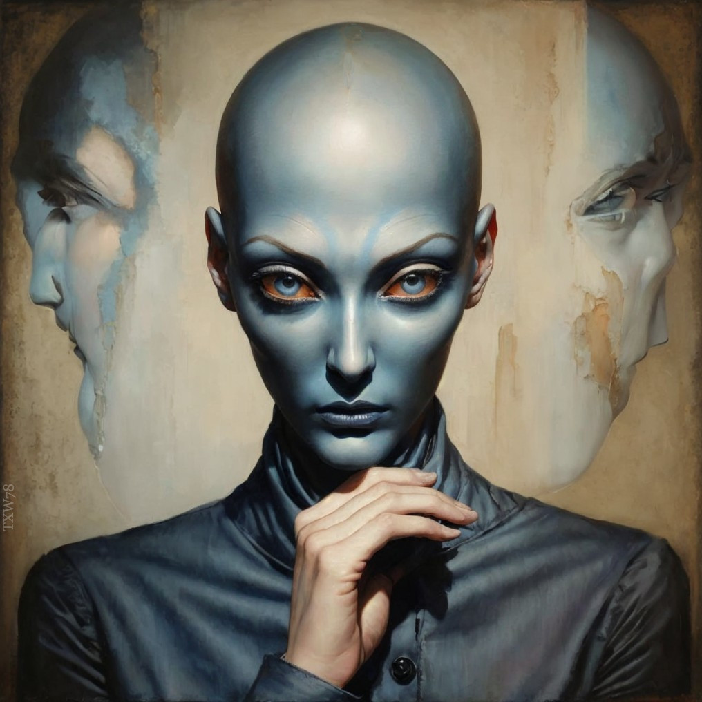 Surreal Artwork with Bald Figure and Ghostly Faces