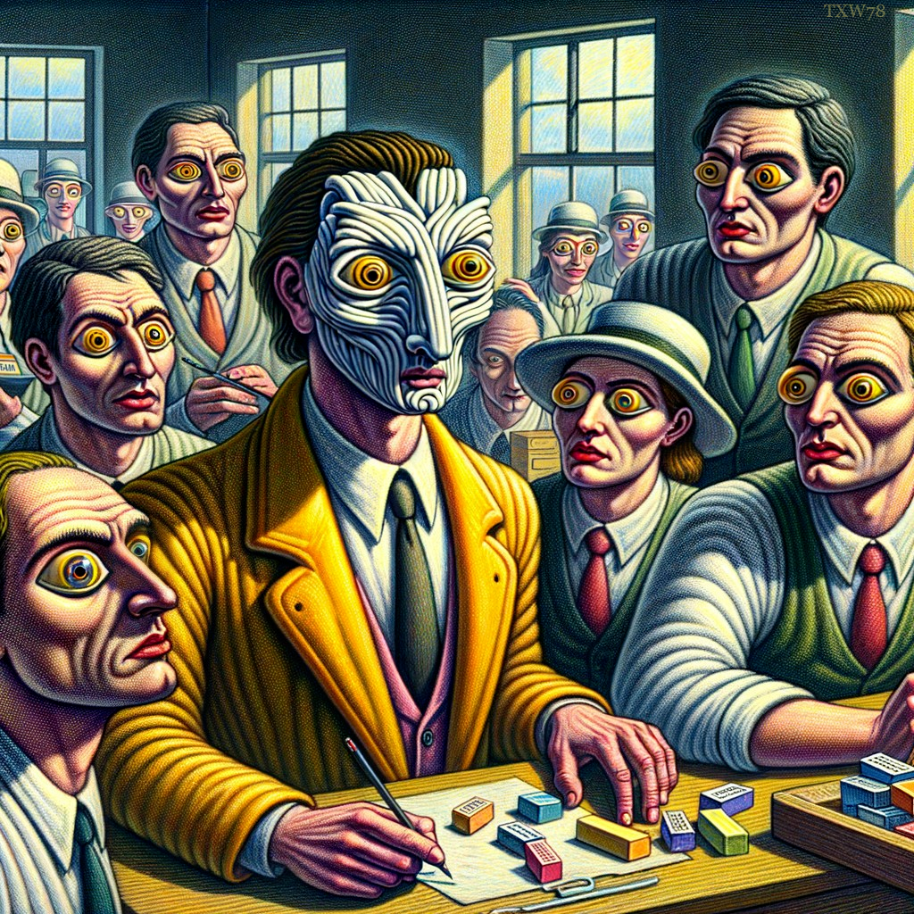 Classroom Scene with Masked Figure and Colorful Blocks