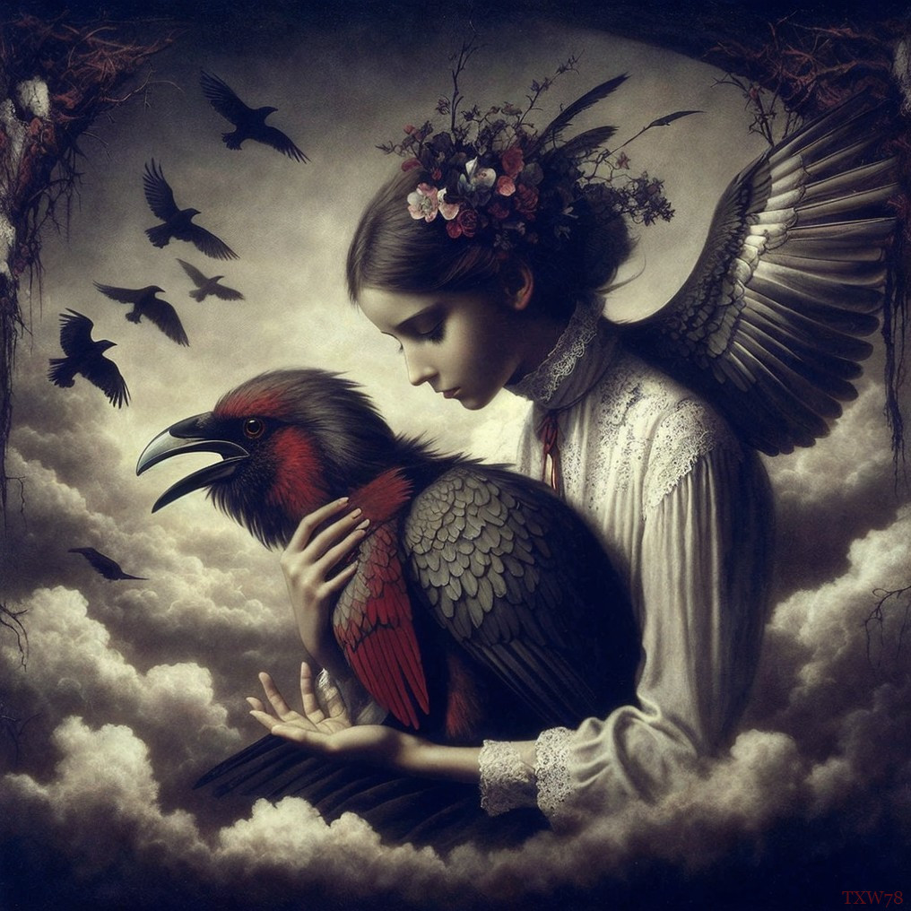 Gothic Artwork of Winged Woman with Crows and Thorns