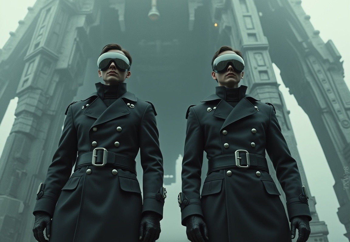 Futuristic Figures in Dark Coats in Misty Landscape
