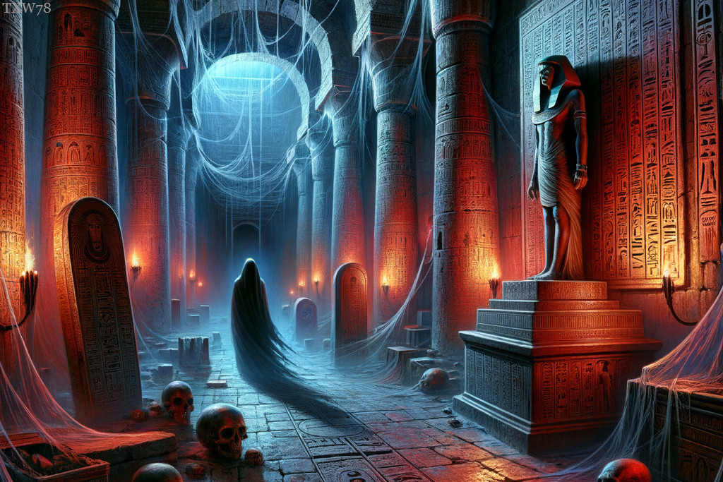 Ancient Tomb with Hieroglyphics and Ghostly Figure