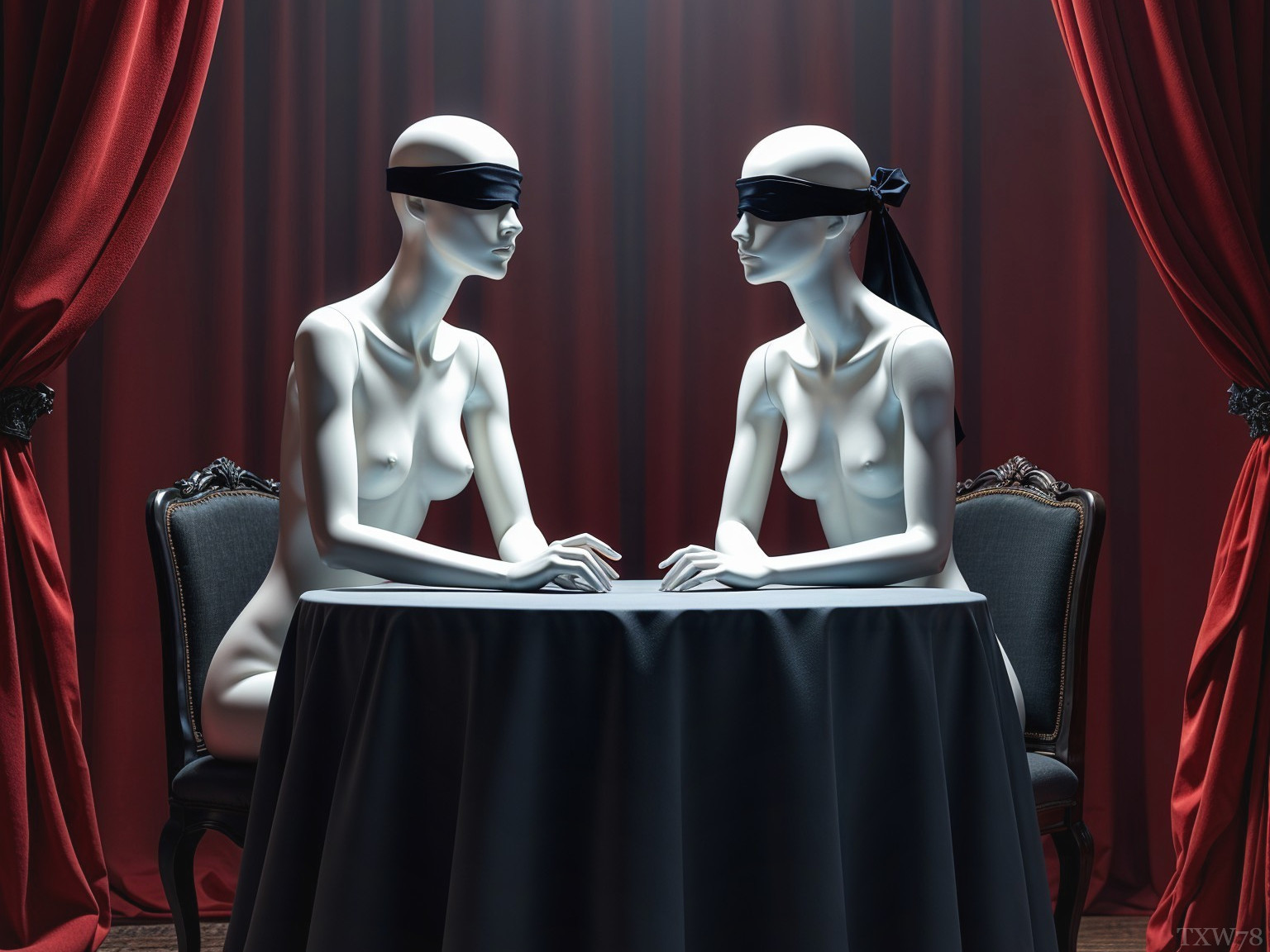 White Mannequins in Blindfolds at Black Table