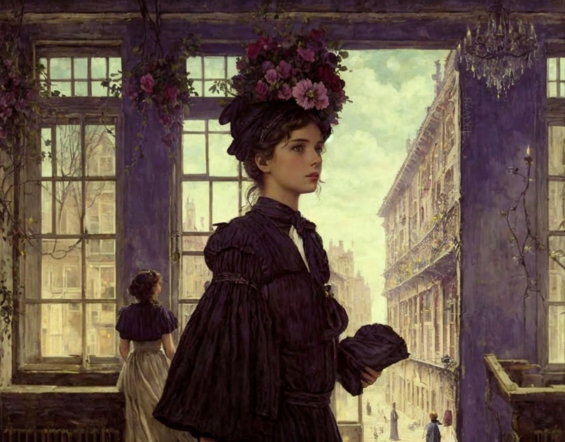 Victorian woman in floral hat gazes from ivy-covered window