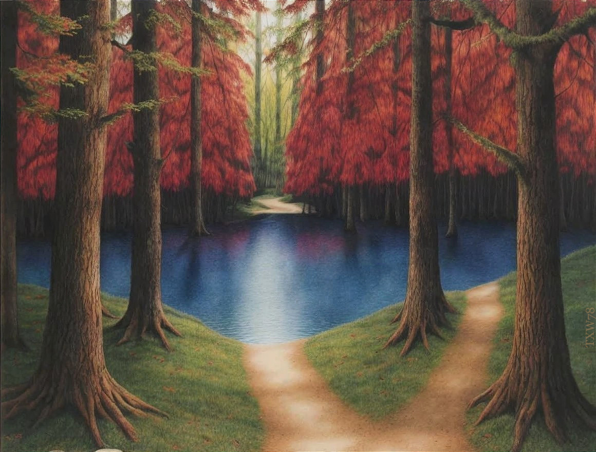 Serene Forest Pathway to Tranquil Blue Lake