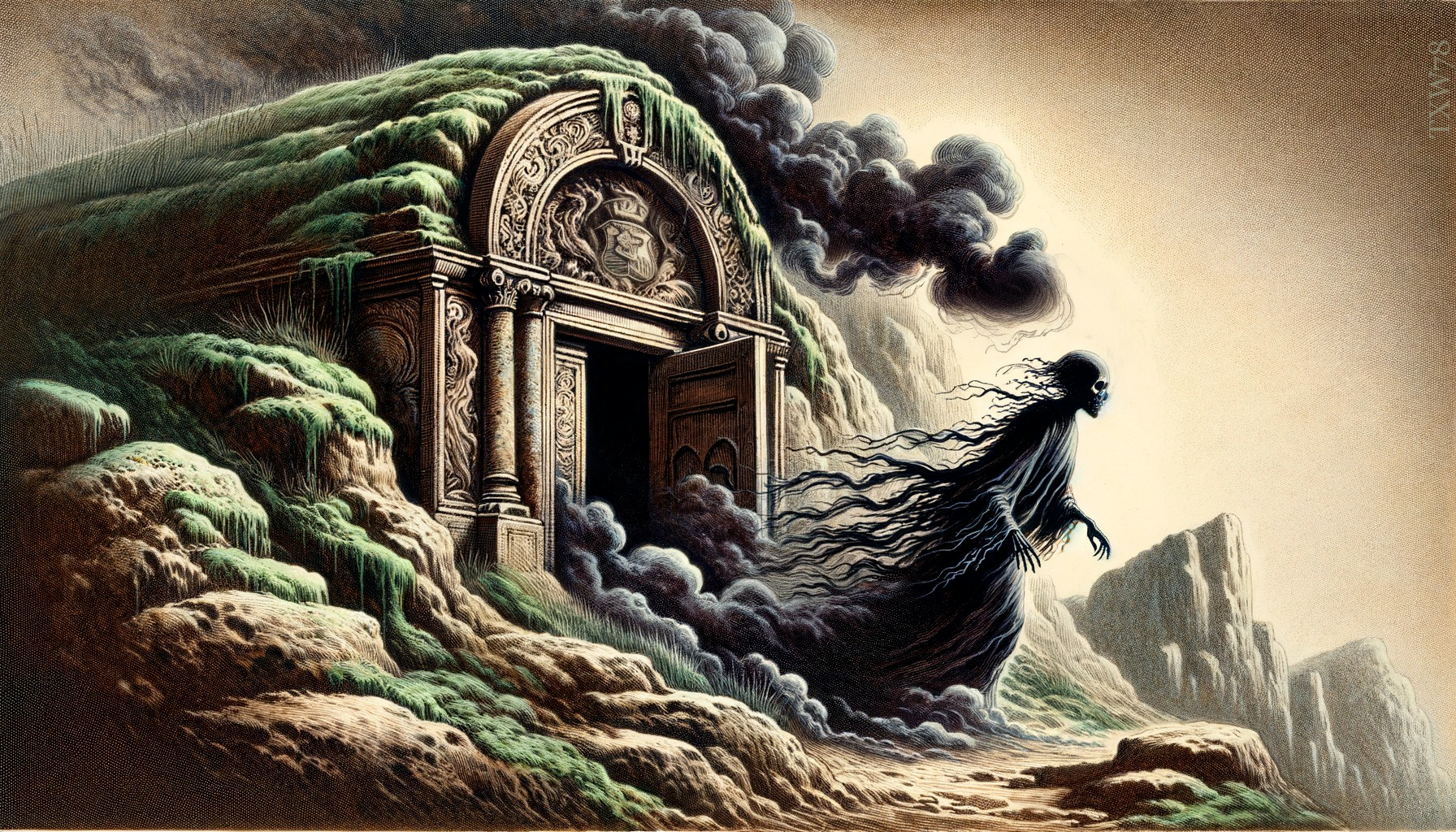 Mystical tomb with ghostly figure in eerie landscape