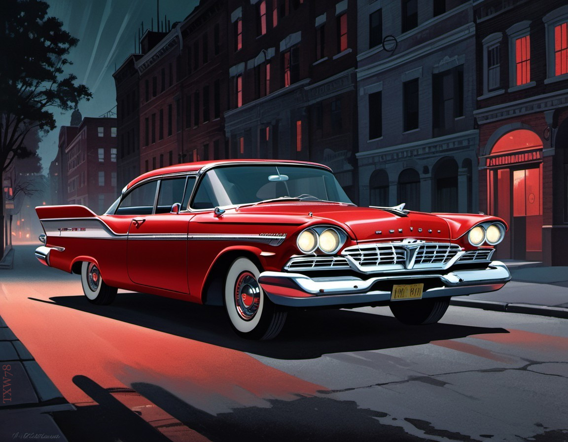 Classic Red Vintage Car on City Street at Twilight