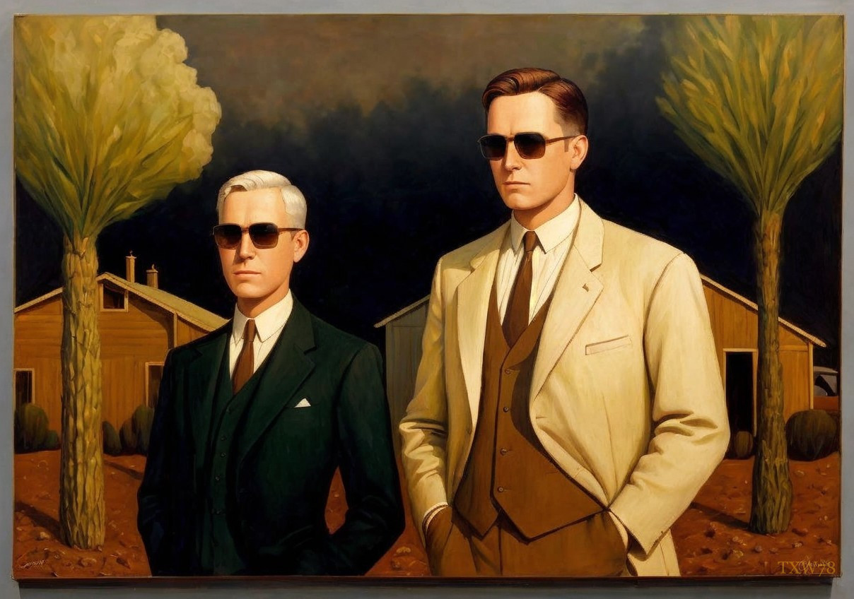Elegant Men in Suits Against Dark Cloudy Background