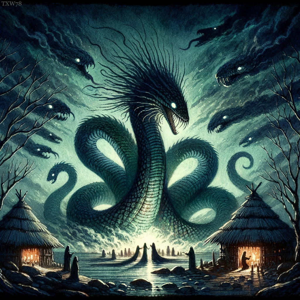 Colossal Serpentine Creature Overlooks Tranquil Village