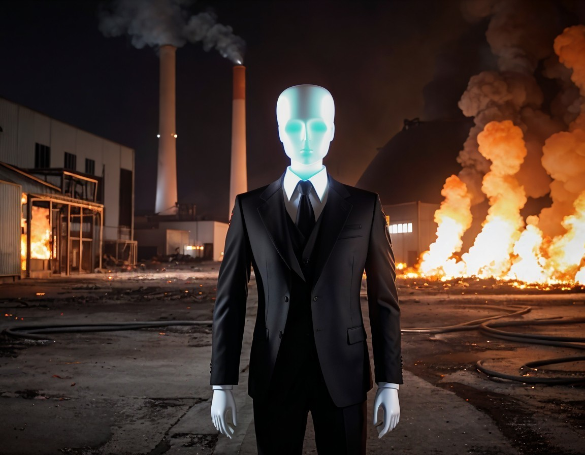 Faceless Mannequin in Suit Against Industrial Backdrop