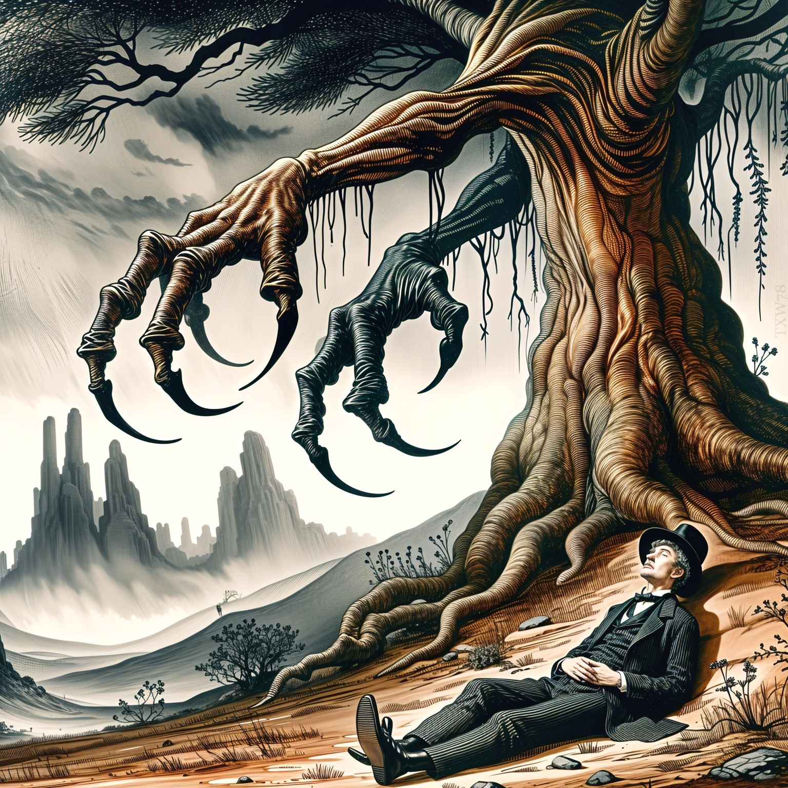 Surreal Landscape with Gnarled Tree and Vintage Man