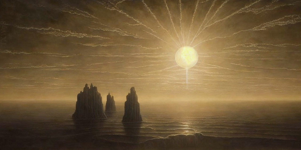 Surreal Landscape with Jagged Rocks and Golden Light