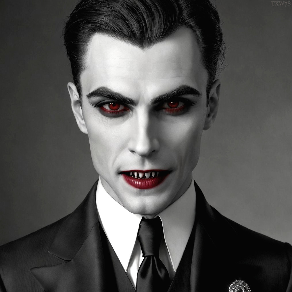 Vampiric Character with Pale Skin and Red Eyes